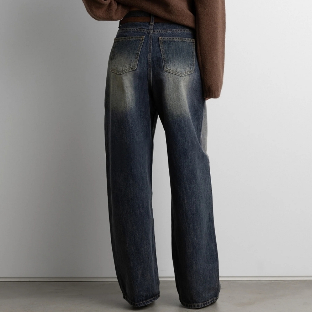 NWOT Oak + Fort Jeans Mid-Rise Curved Leg Dark Wash Denim Pants Medium Baggy - Picture 2 of 9